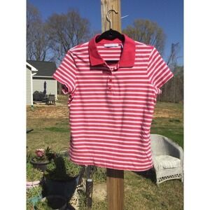 St Aumont womens short sleeve polo L large pink white blue stripe golf athletic